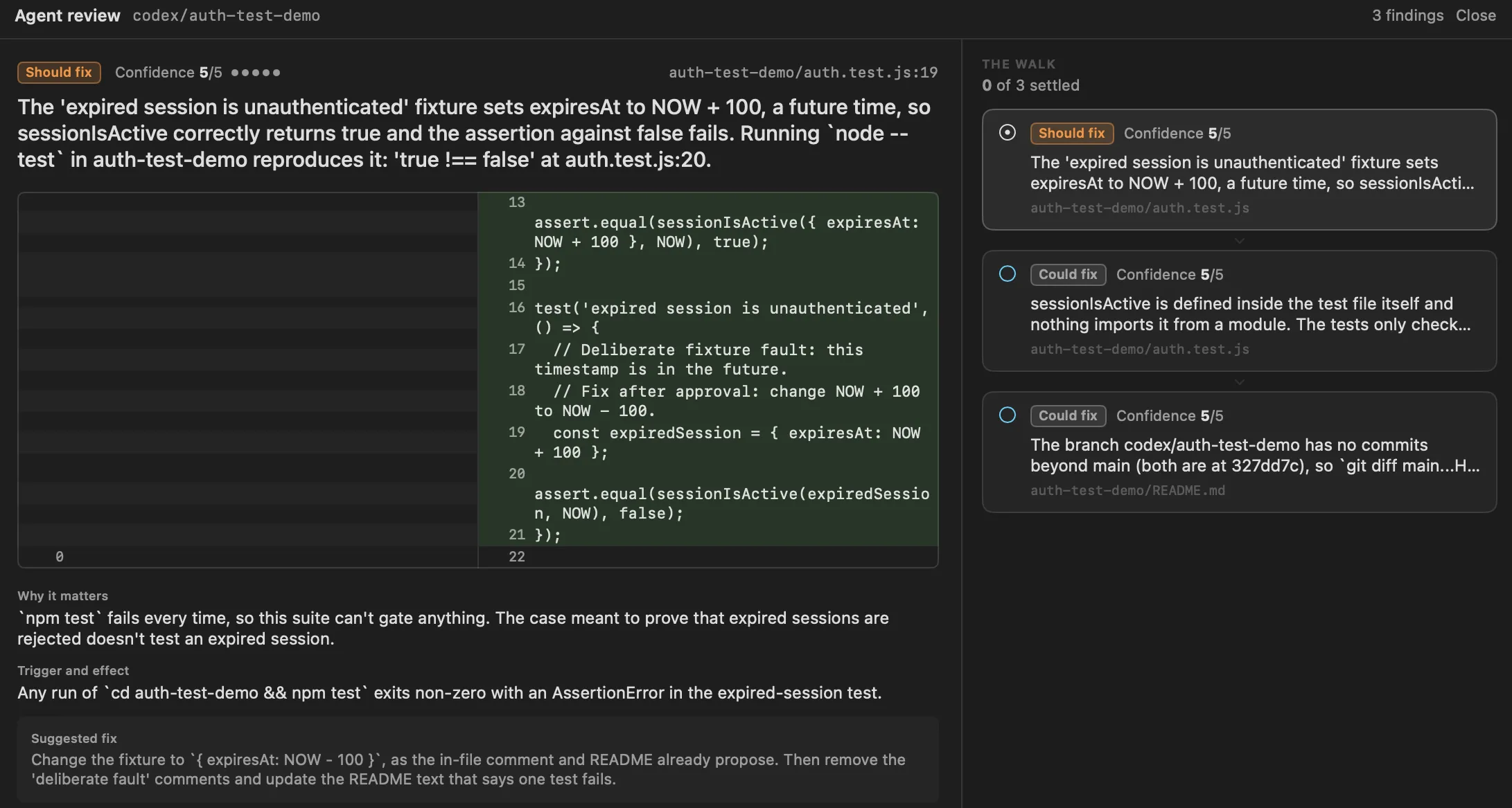 An agent review of a worktree branch: a should-fix finding with its diff, why it matters and a suggested fix, beside the list of three findings.
