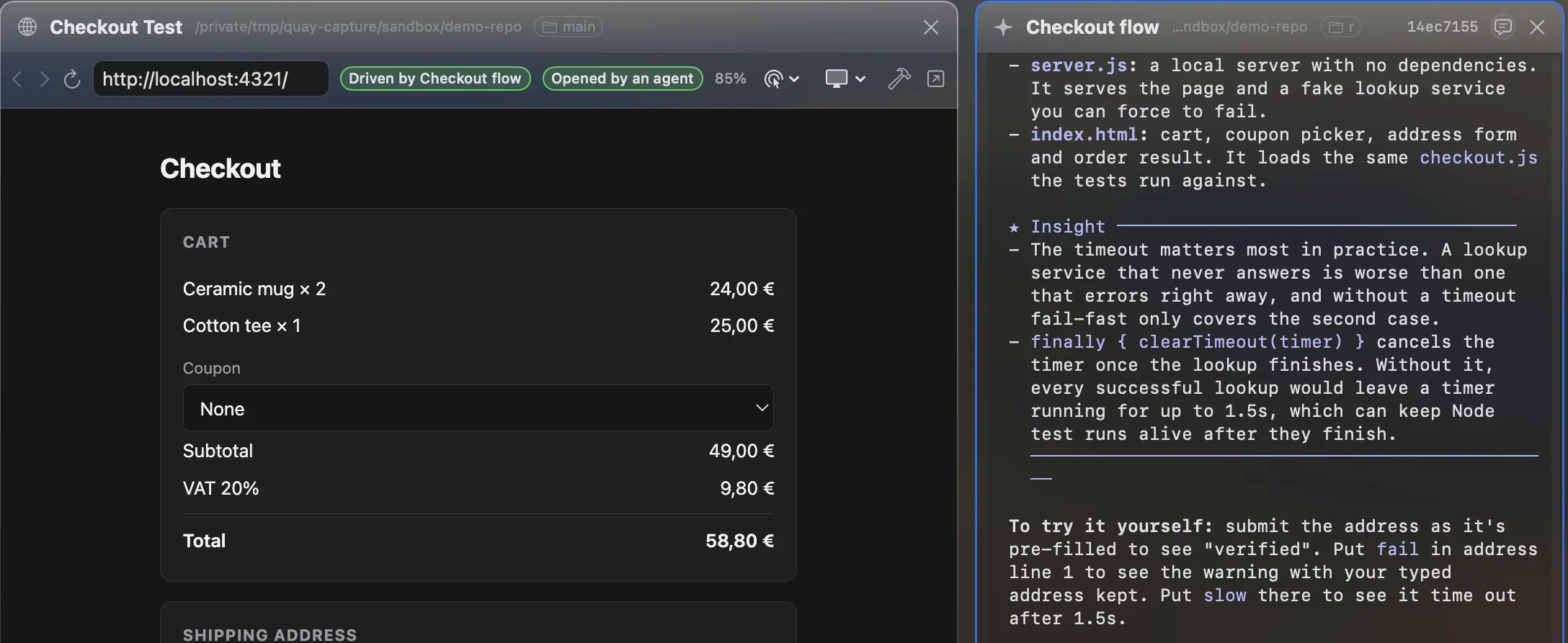 A browser panel showing a local checkout page, marked 'Driven by Checkout flow', next to the agent session that built it.